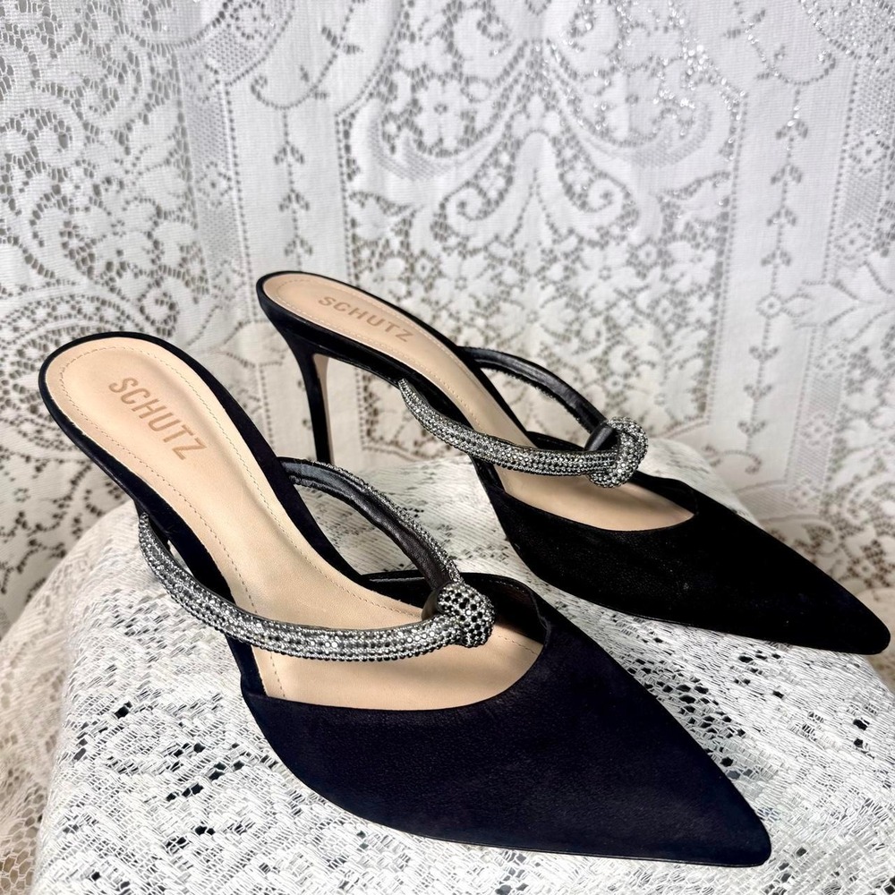 Schutz Pearl Black Crystal Knot Pointed Toe Mule Heels Size 10